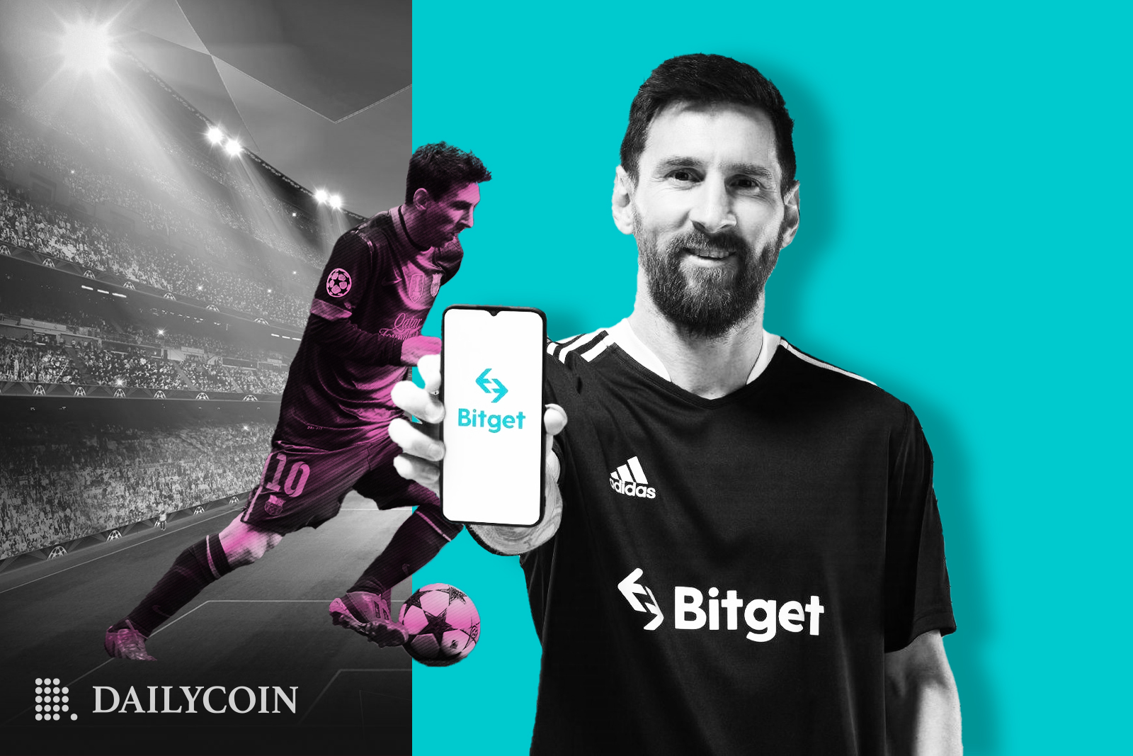 Lionel Messi wearing Bitget t-shirt and holding phone with Bitget logo on