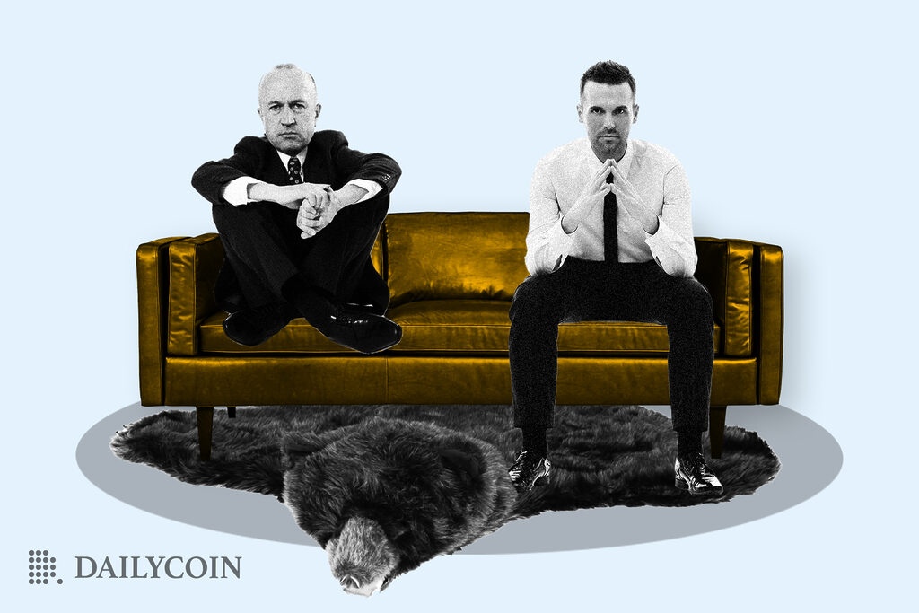 Two men sitting on golden couch on a bear shaped carpet