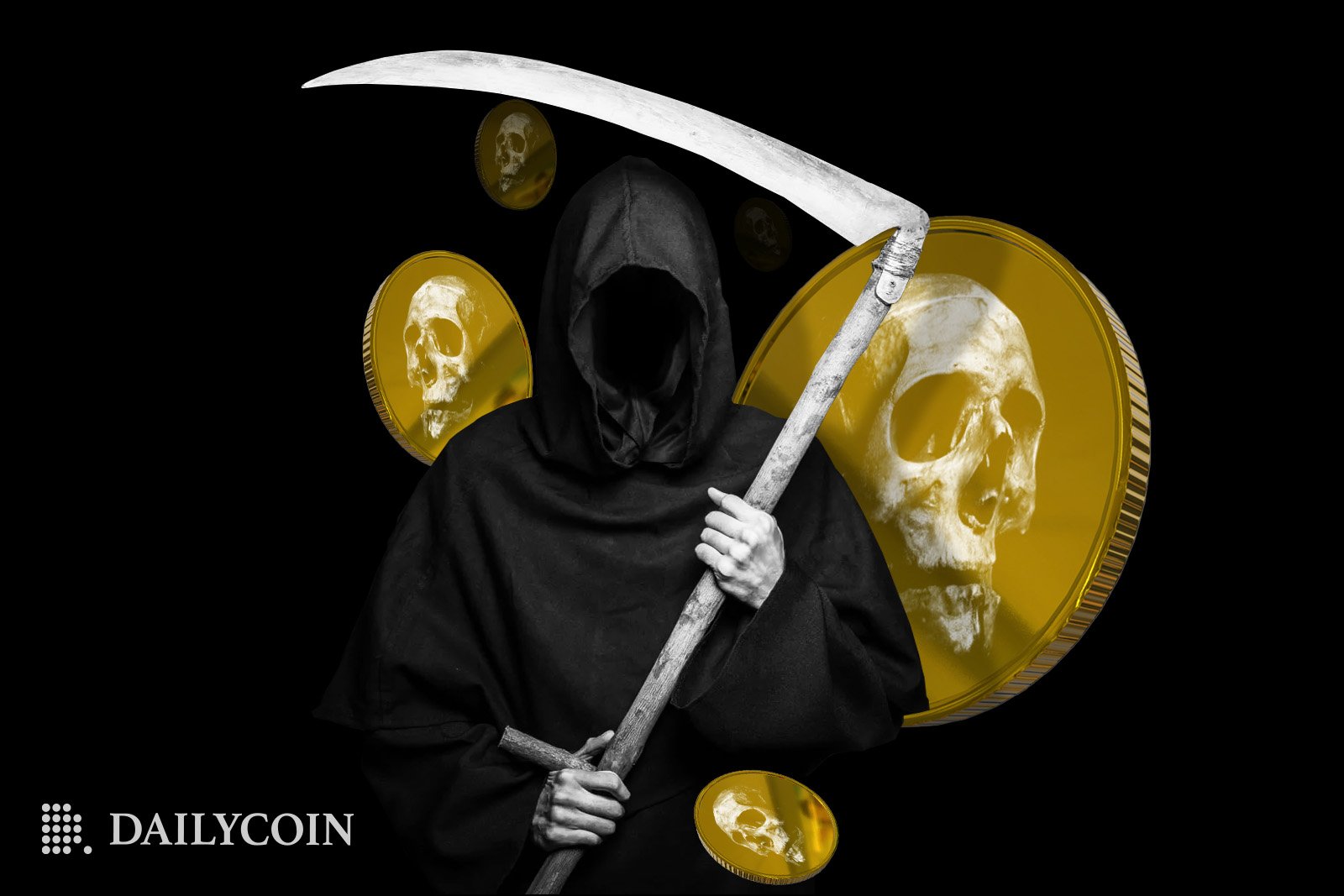Death standing in front of floating crypto coins with a drawing of a skull.