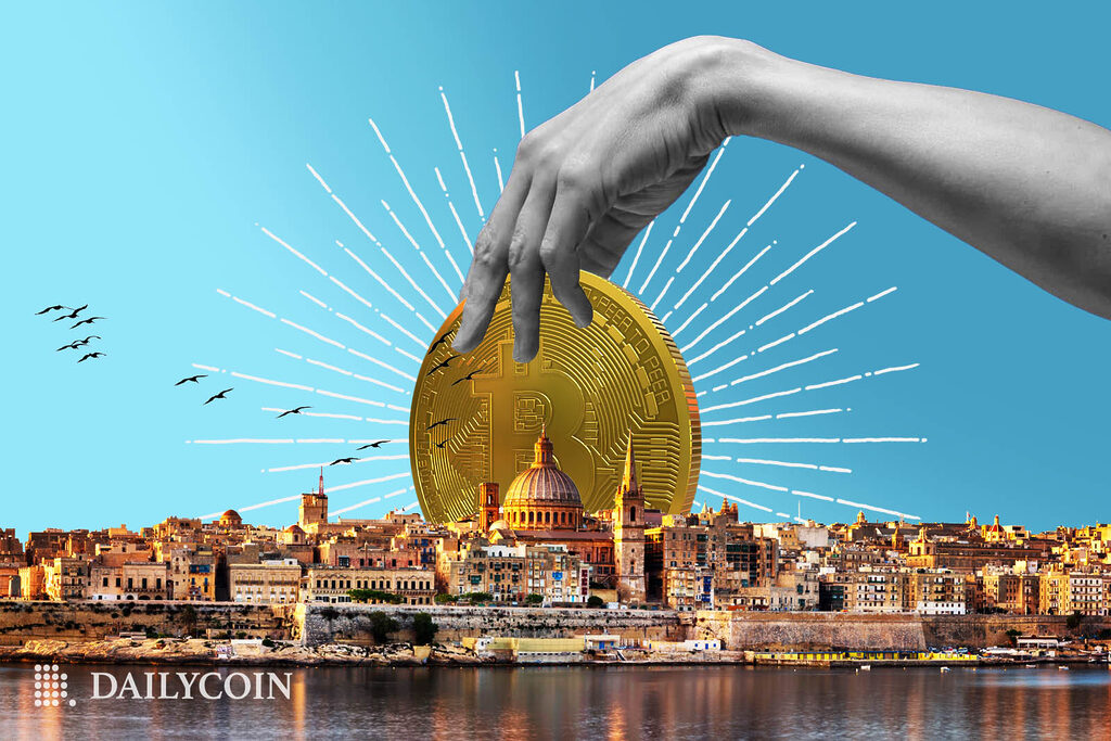 Giant human hand is holding a giant Bitcoin BTC coin over a city