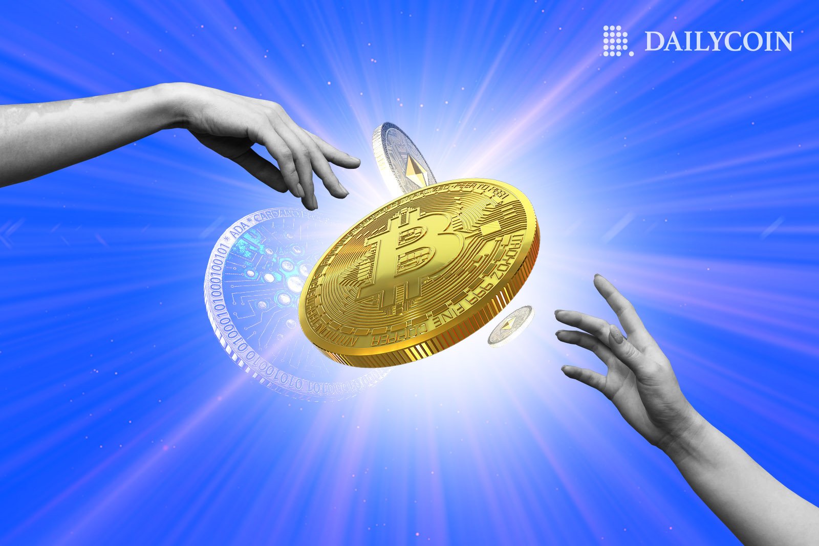Human hands reaching towards a bitcoin BTC