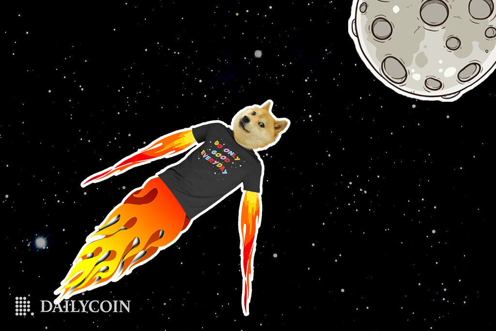DOGE with a black T-Shirt on flying in space towards the moon