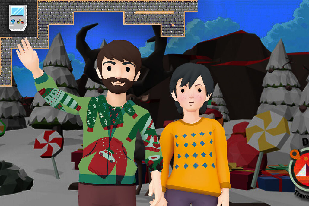 Cartoon humans wearing christmas "ugly" sweaters waving at snowy forest full of lollypops