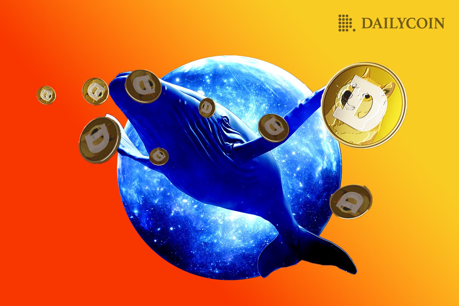 A blue whale flies in front of the earth surrounded by Doge coins