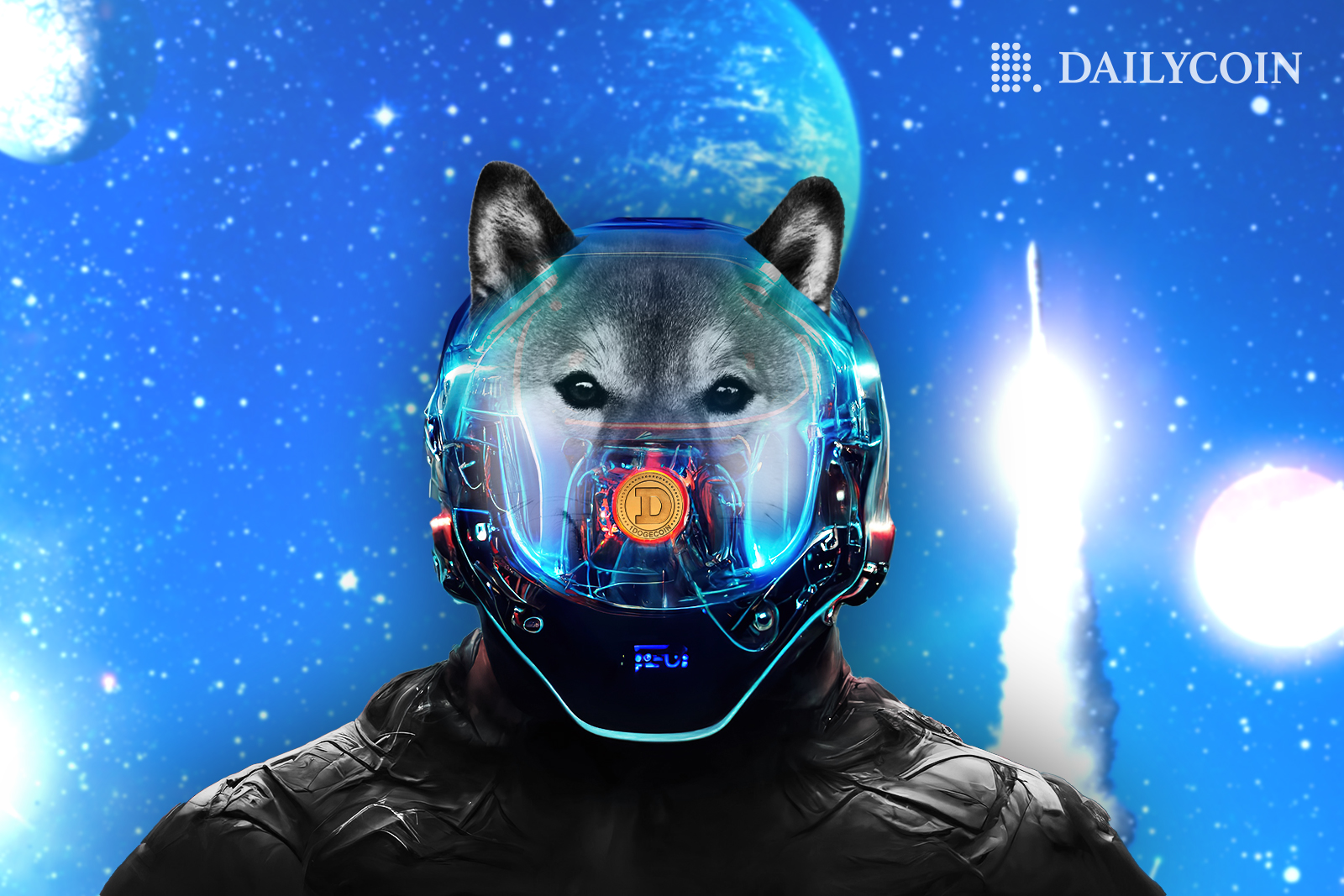 Doge wearing a futuristic mask going into space.