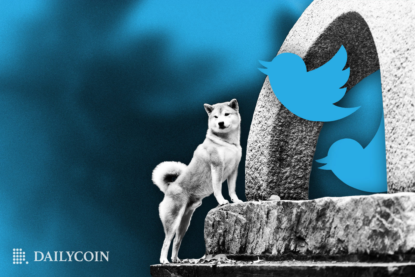 White Shiba Inu standing on a stone sculpture next to flying blue Twitter logo birds