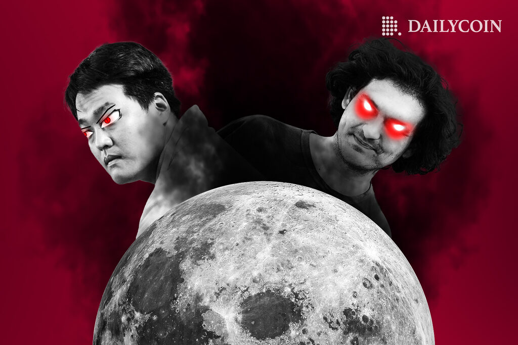 Sam Bankman Fried and Do Kwon looking over the moon with red glaring eyes