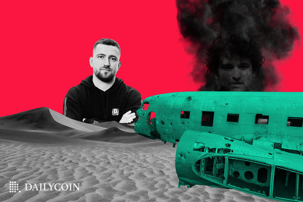 Matvey Diadkov and Sam Bankman Fried at desert next to plane crash smoke