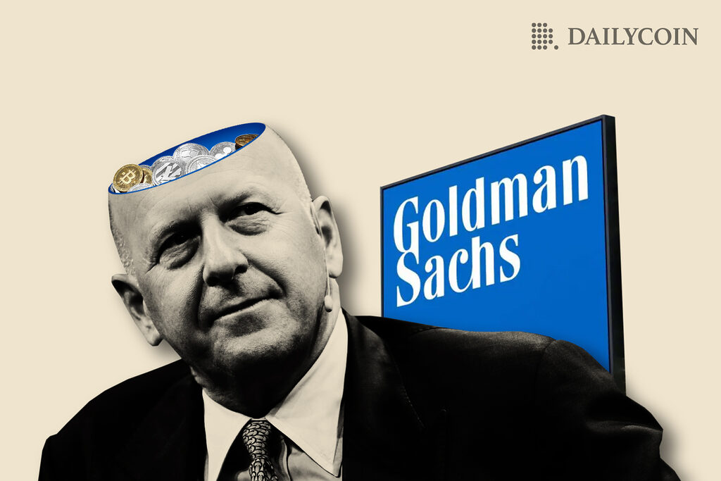 David M Solomon with coins inside of head in front of blue sign stating Goldman Sachs