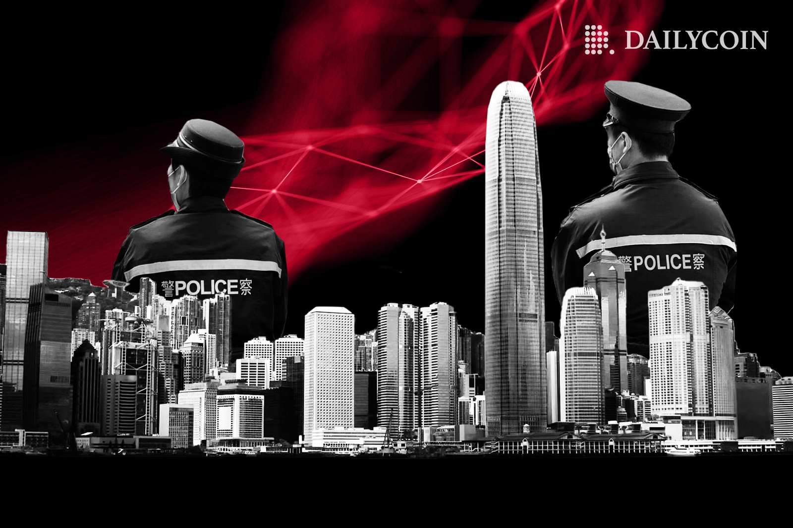 Police guarding miniature version of Hong Kong on a background with blockchain technology