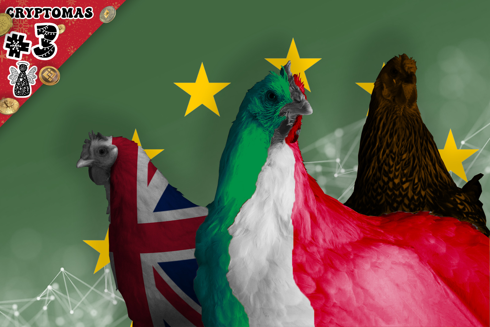 A Christmassy corner denotes "Cryptomas #3". The central image features three hens, each in the colours of the UK, Italy, and Cyprus