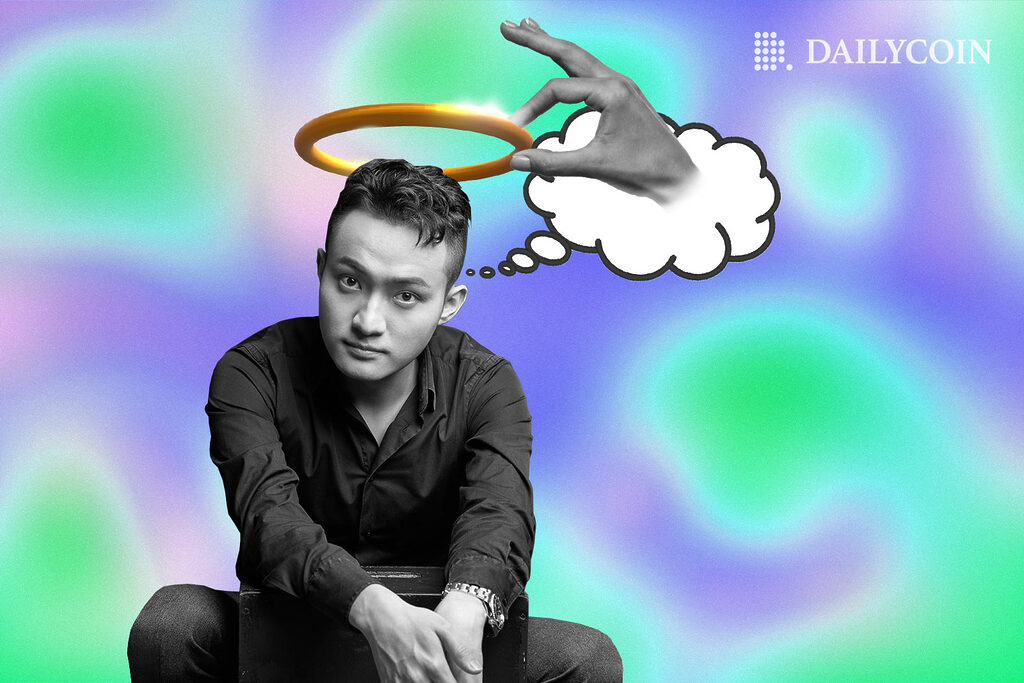 Justin Sun with a Halo above his head being picked by a hand coming out of a speech buble