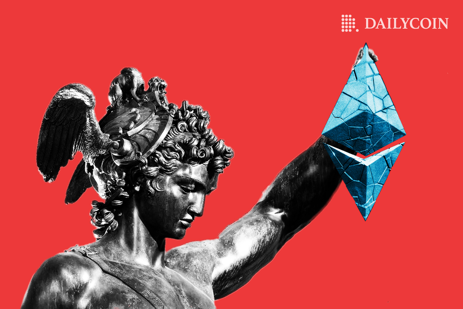Statue holding shattered Ethereum ETH logo
