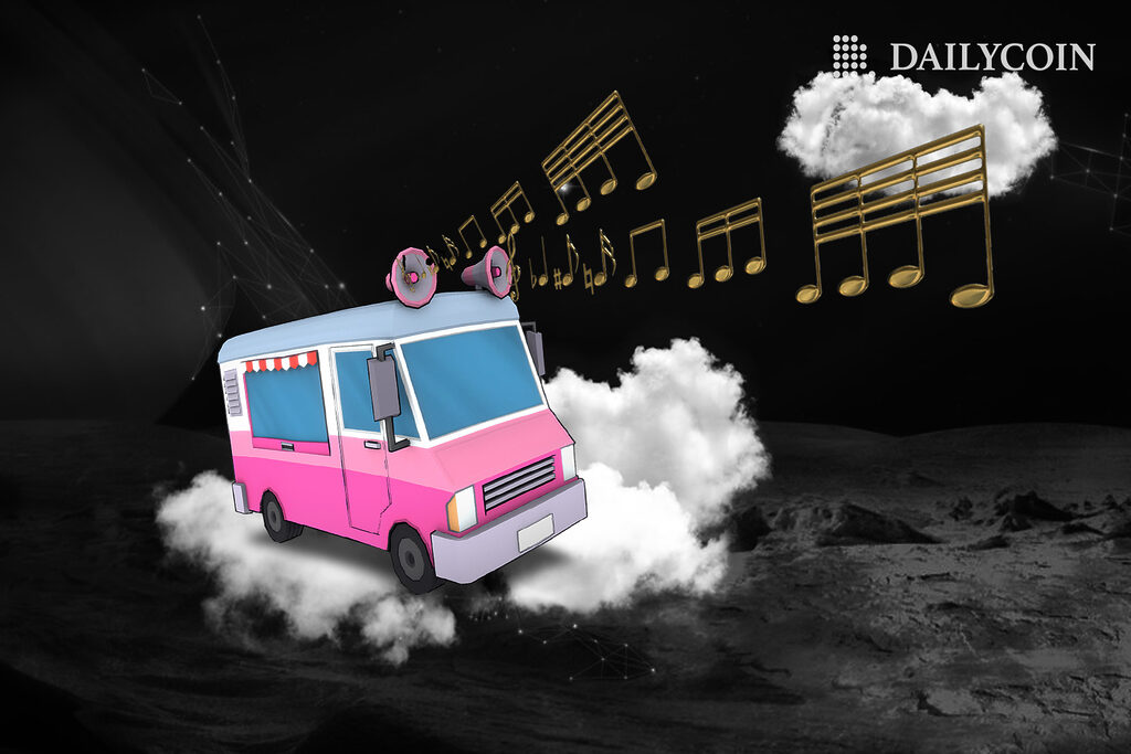 Pink bus on cloud playing loud music notes coming out