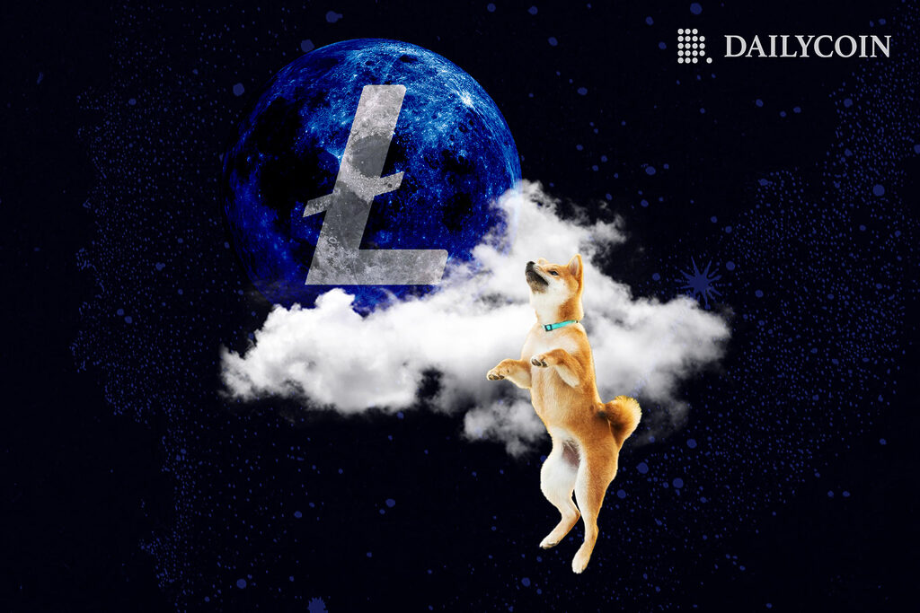 Shiba Inu jumping above the clouds towards blue moon with Litcoin logo written on it