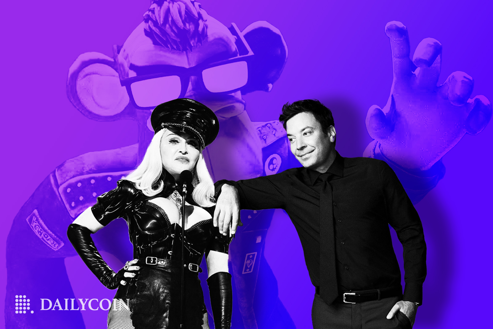 Madonna next to Jimmy Fallon in front of Bored Ape
