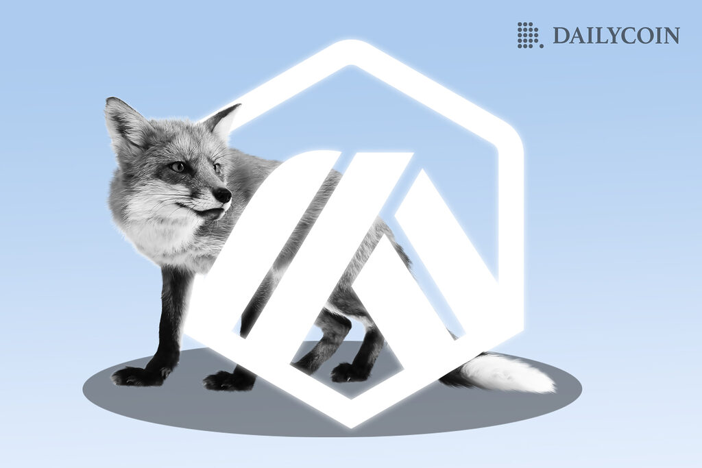 White fox behind bright white Arbitrum logo logo