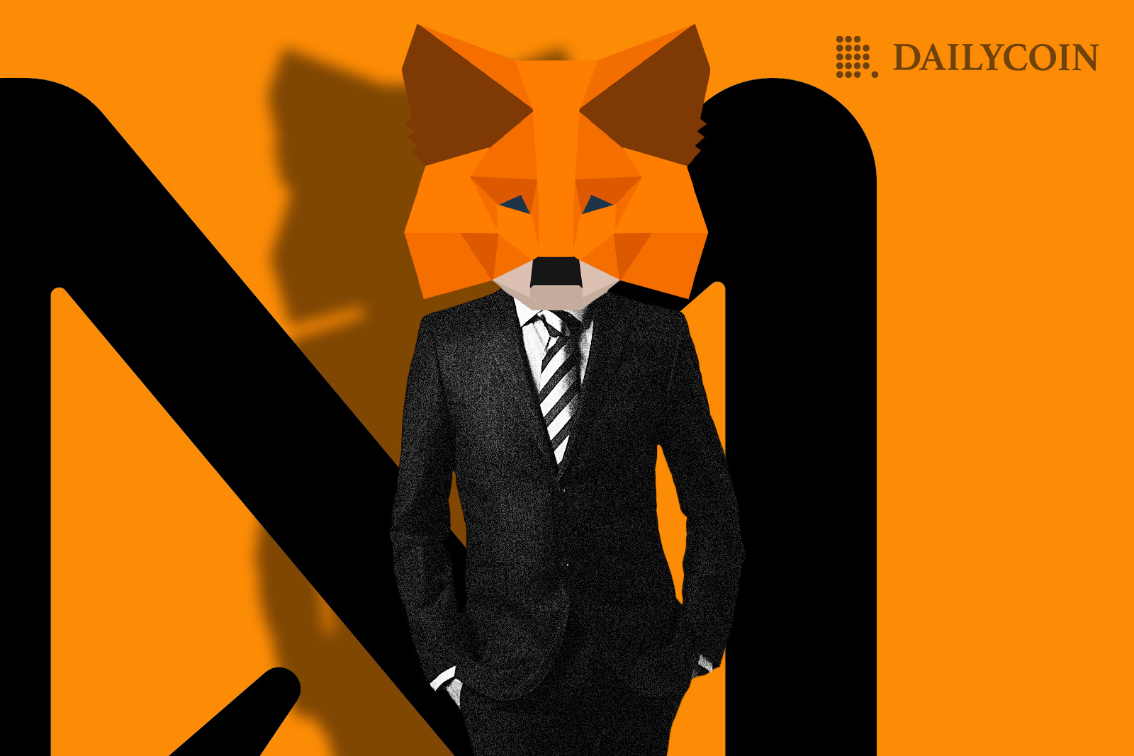 A man wearing a suit and a MetaMask logo mask