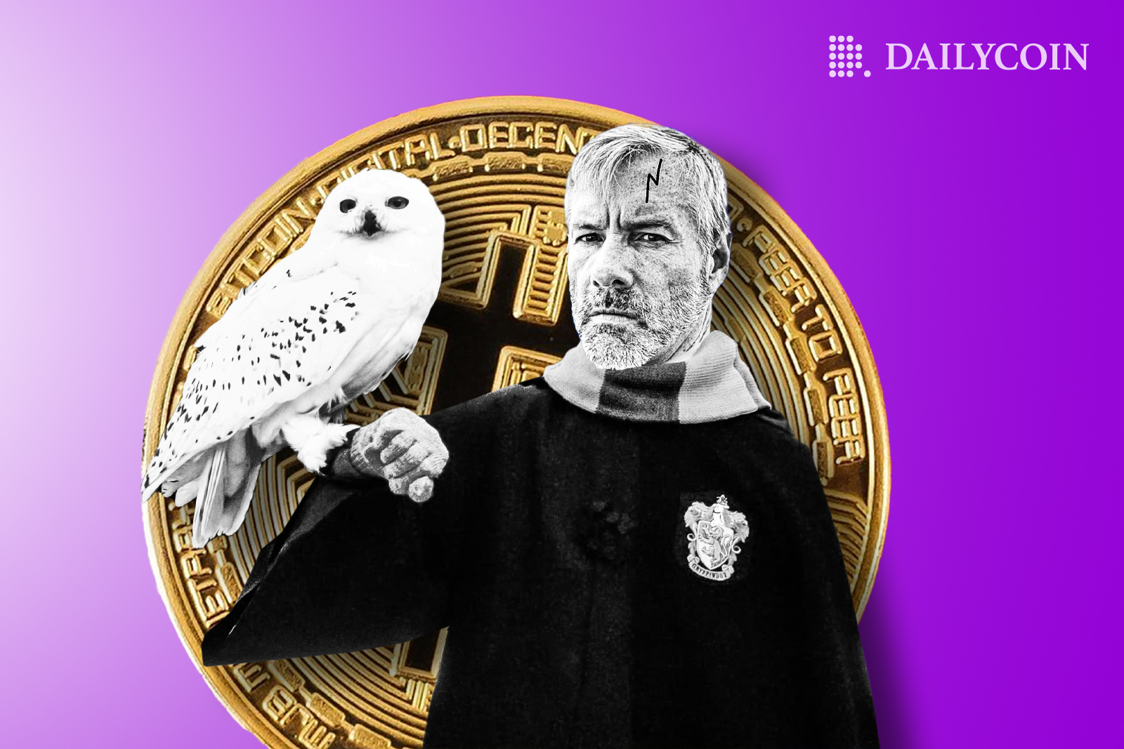 Michael Saylor wearing Gryffindor uniform holding an owl in front of a giant Bitcoin BTC coin