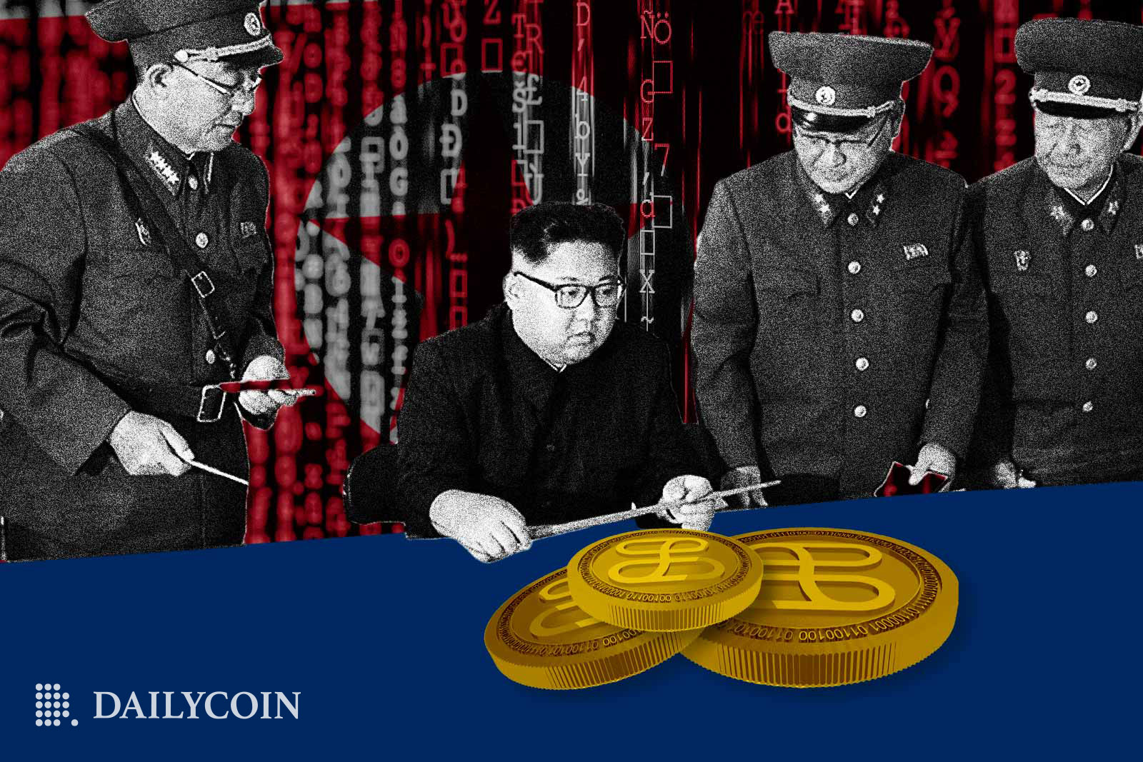 Kim Jong Un and officers are sitting at the table near huge crypto coins
