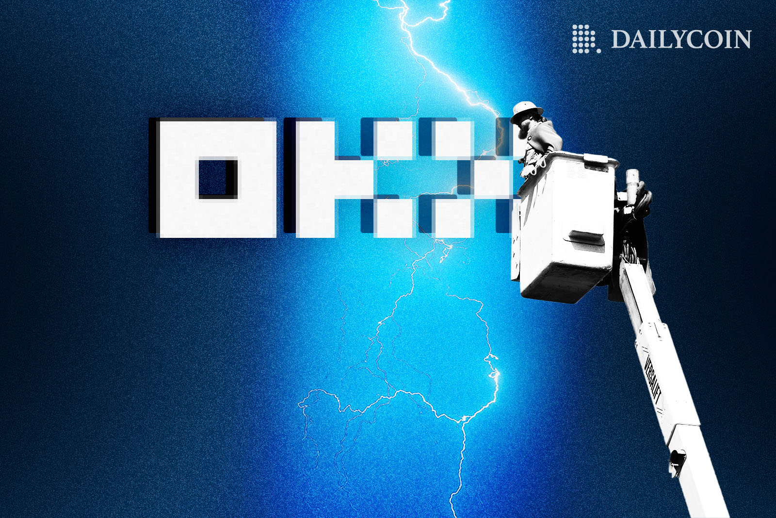 OKX logo in front of blue lightning next to white excavator