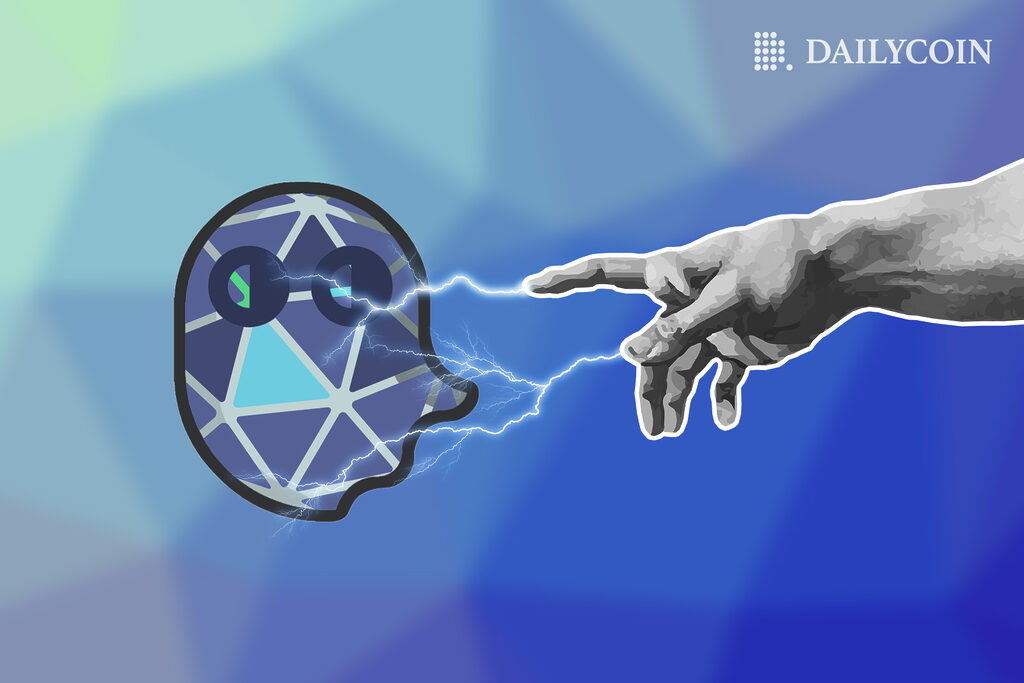 A human hand is shooting lightning out of fingers towards a ghost with Orbs Blockchain pattern
