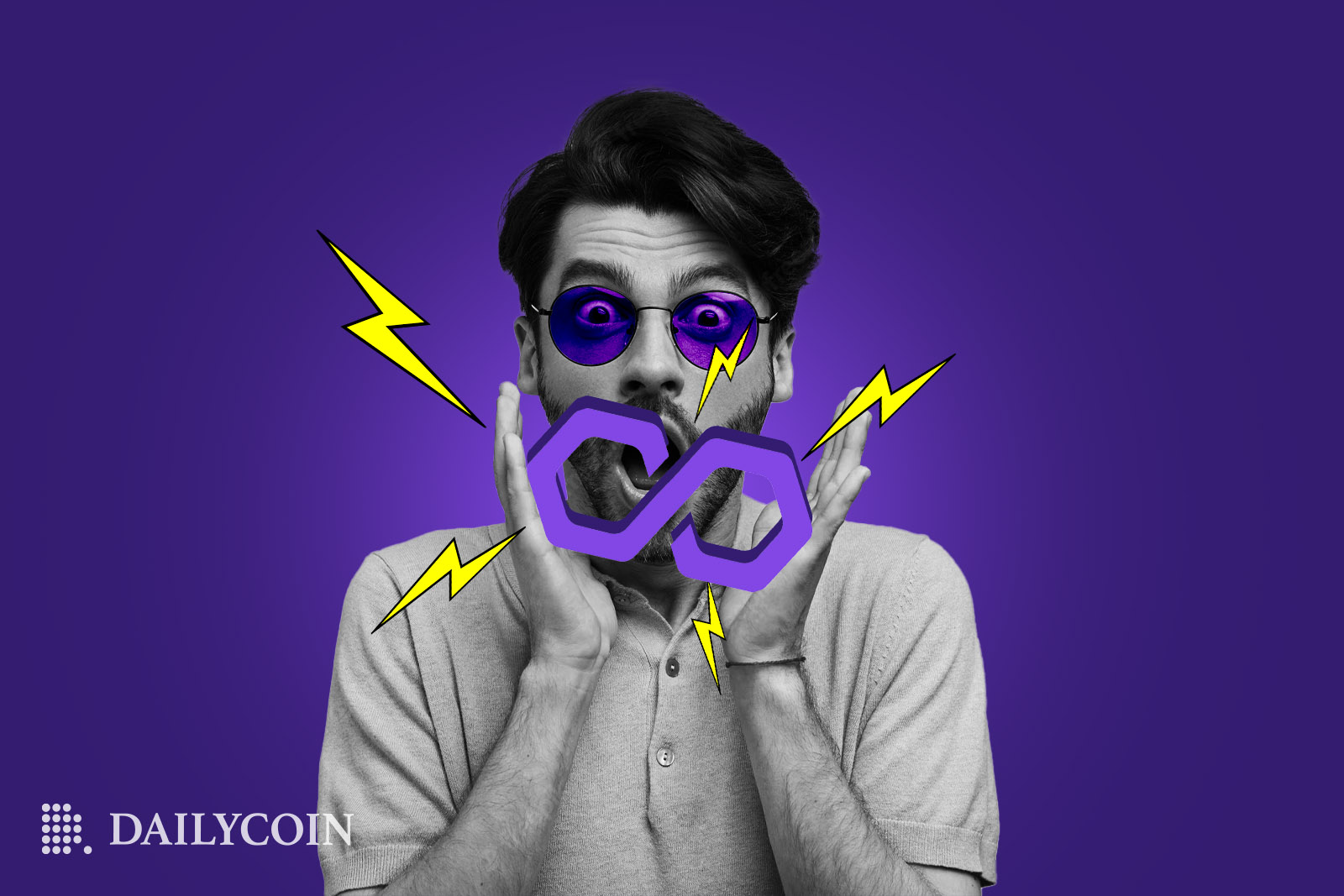 A surprised man with purple sunglasses holding sparking Polygon logo.