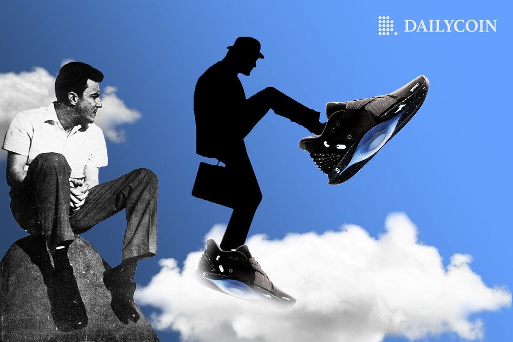 Shadow of a man walking with Nike sneakers on clouds next to a man sitting on a rock