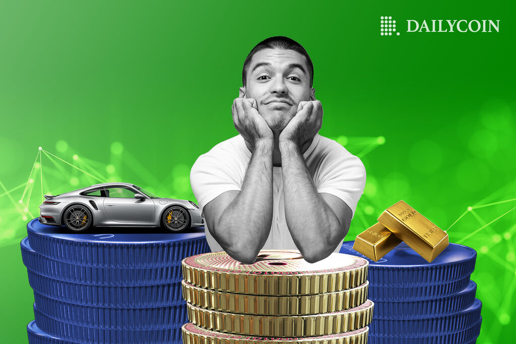 Illustration of a man leaning on some coins, with cars and gold bars on his sides.
