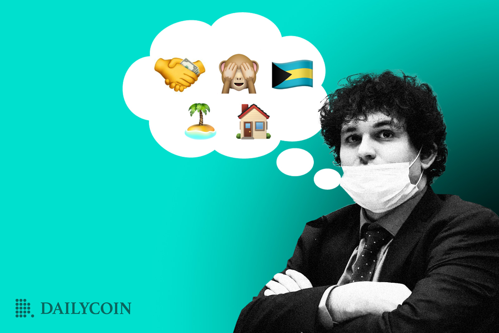 Sam Bankman-Fried stands with his arms crossed wearing a mask. From his covered mouth is a speech bubble depicting several emojis: handshake, see no evil, Bahamas flag, island, house