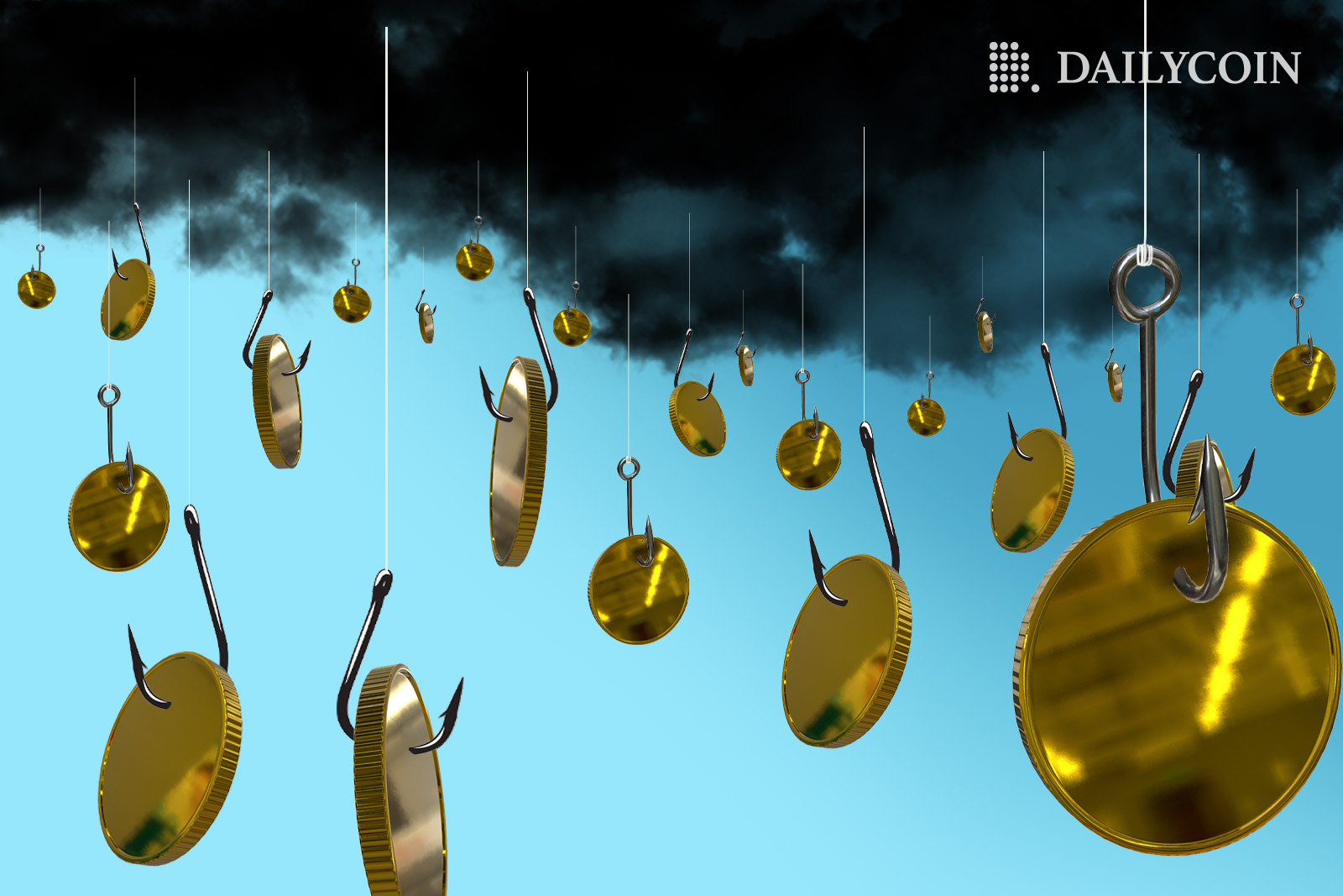 coins on a hook, coming from a cloudy sky. The illustration aims to represent crypto scams.
