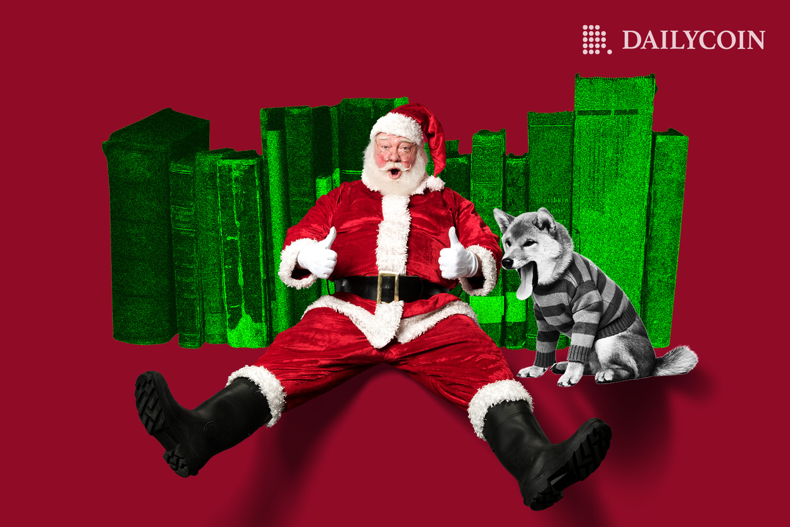 Santa next to a Shiba Inu wearing a strapped T-Shirt in front of green books