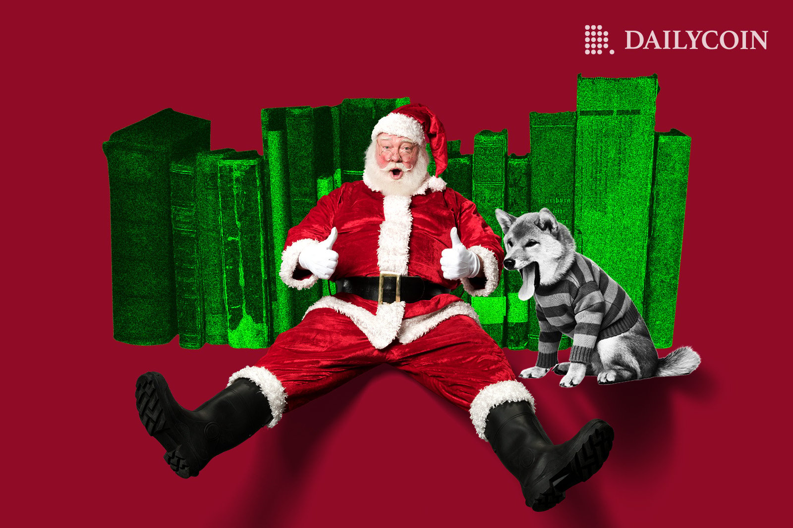 Santa next to a Shiba Inu wearing a strapped T-Shirt in front of green books