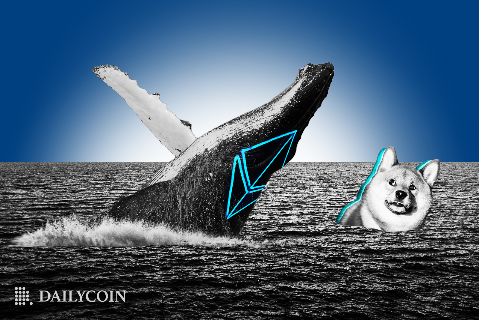 Whale with Ethereum symbol on back swimming in the ocean next to Shiba Inu