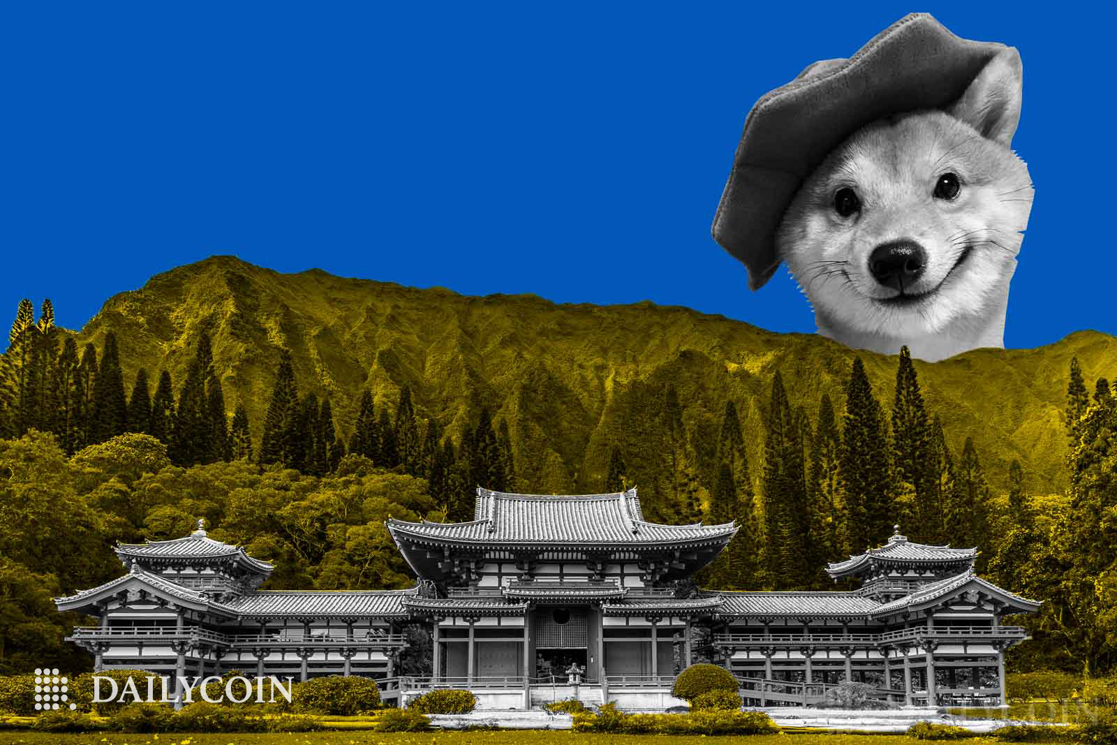 Shiba Inu with a beret on his head looking over tiny house