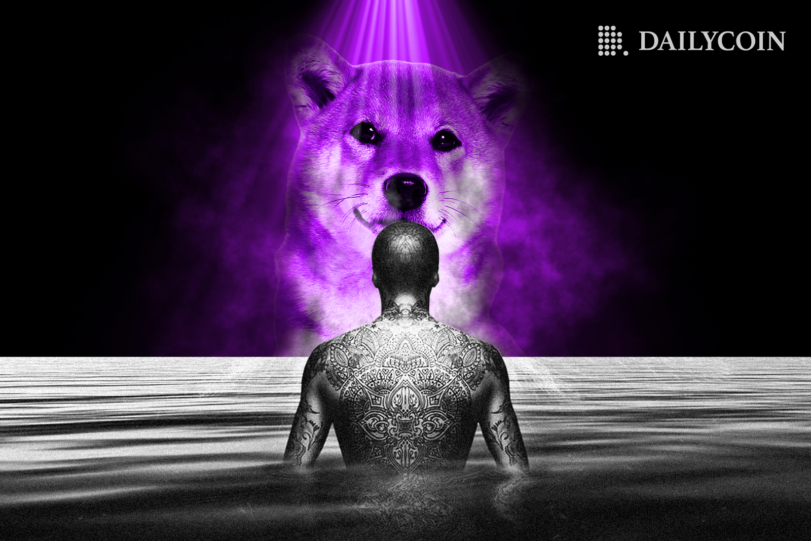 The torso of a silhouetted man exits a body of water. before him is a deific shiba inu dog highlighted in neo purple strobe lighting