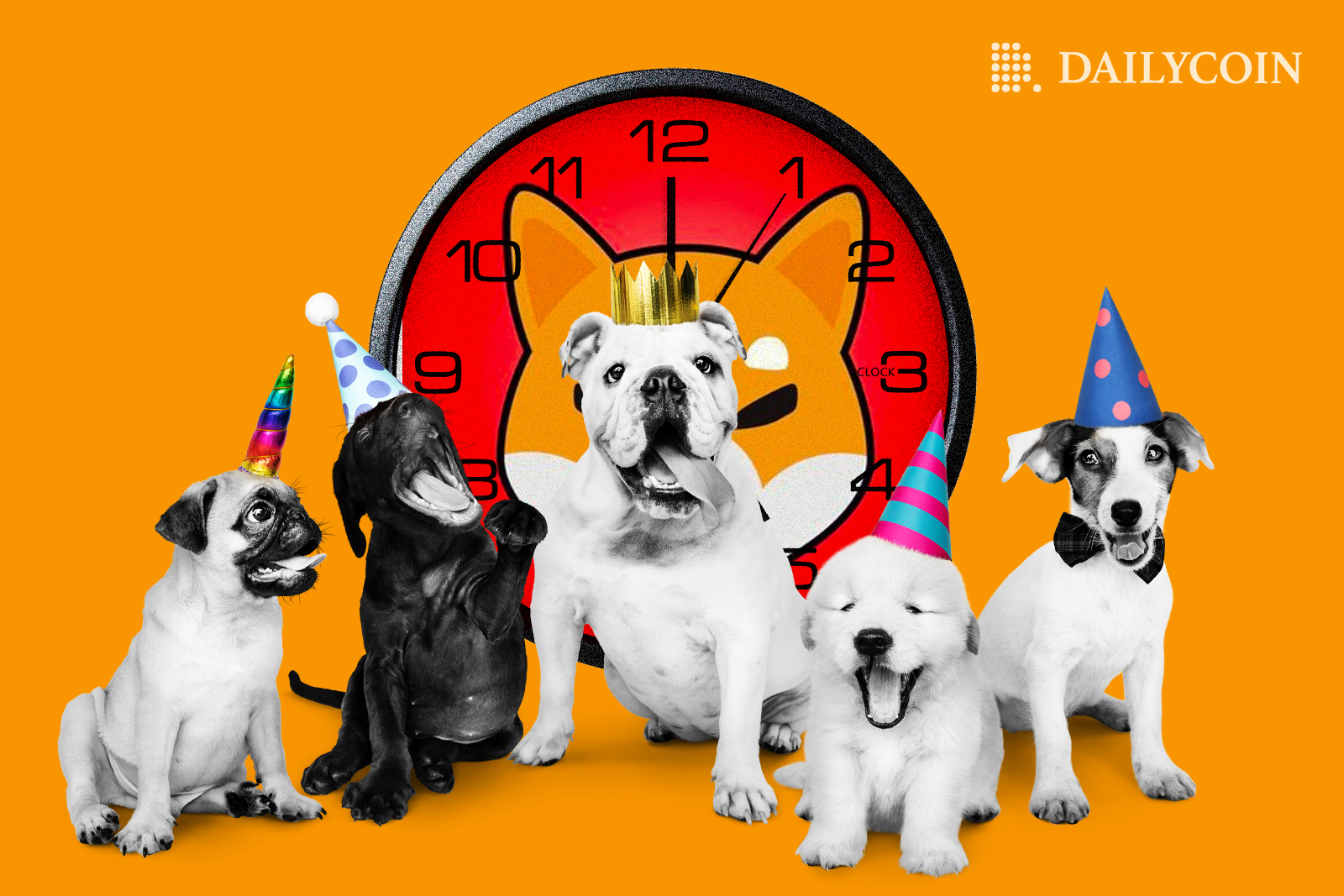 Dogs with party hats in front of Shia Inu (SHIB) clock
