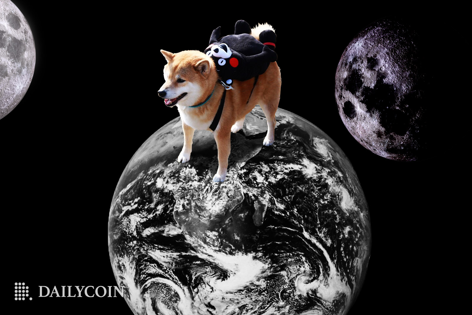 Shiba Inu with backpack standing on a planet in space