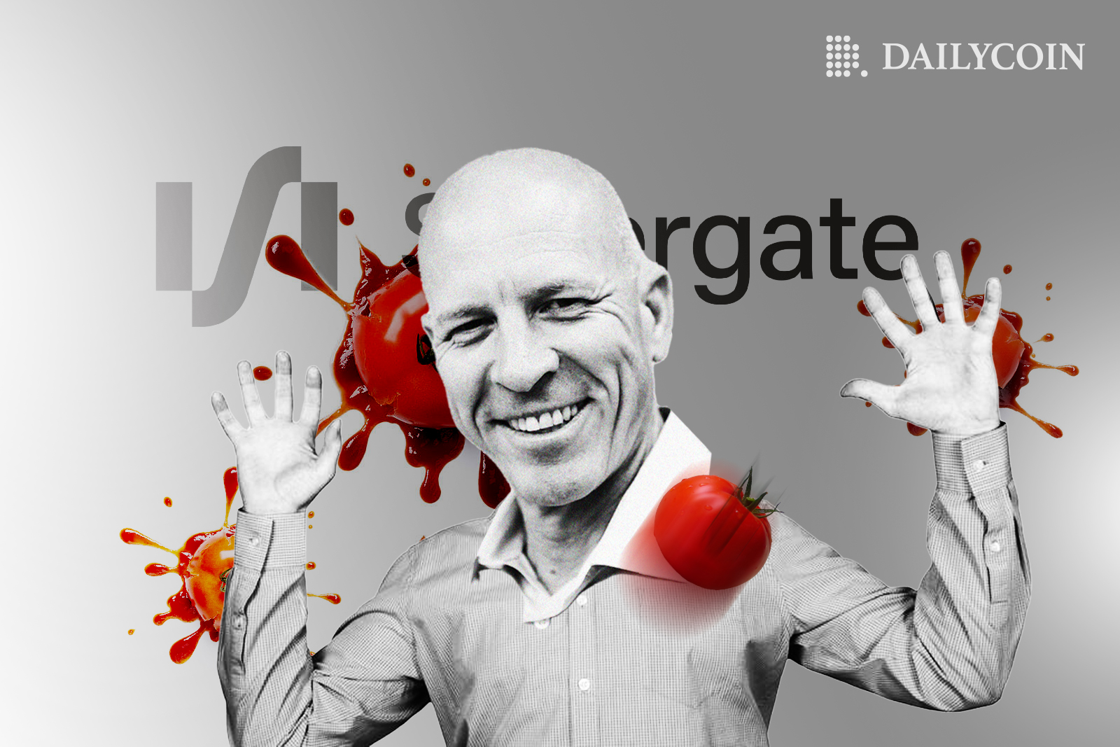 Silvergate CEO Alan Lane topped with tomatoes in front of Silvergate logo