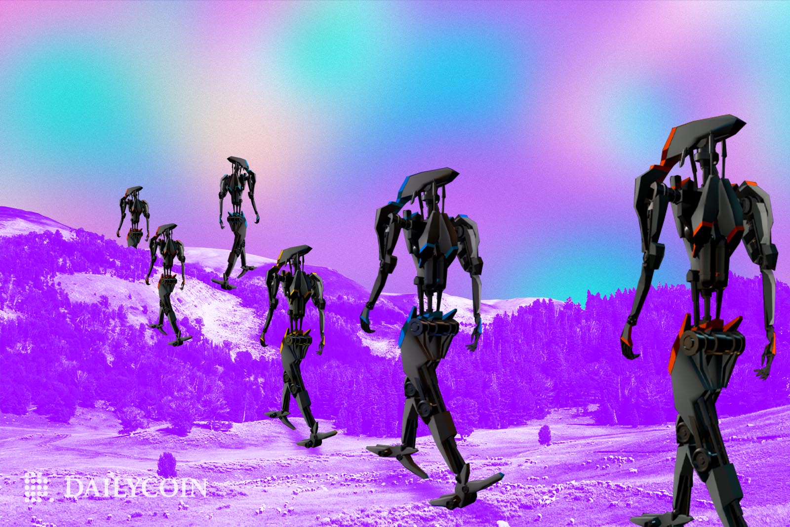 Robots migrating towards a pink hill.