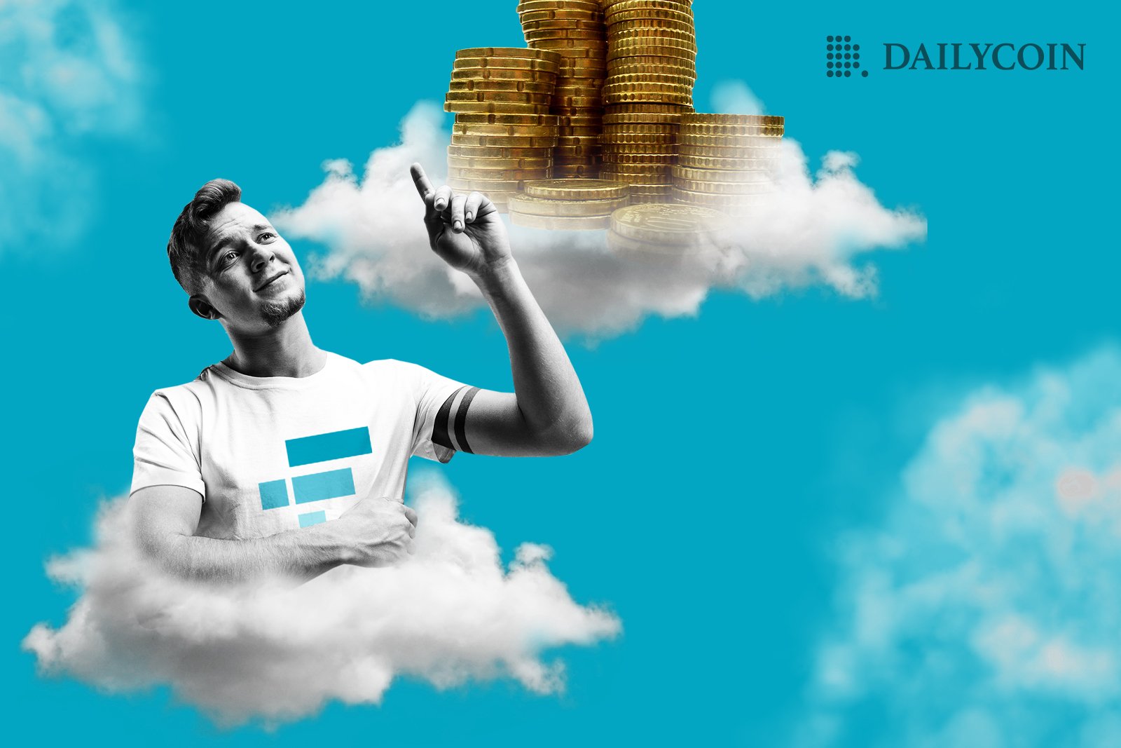 A man wearing white T-shirt with FTX logo on it pointing at a white cloud with crypto coins on top