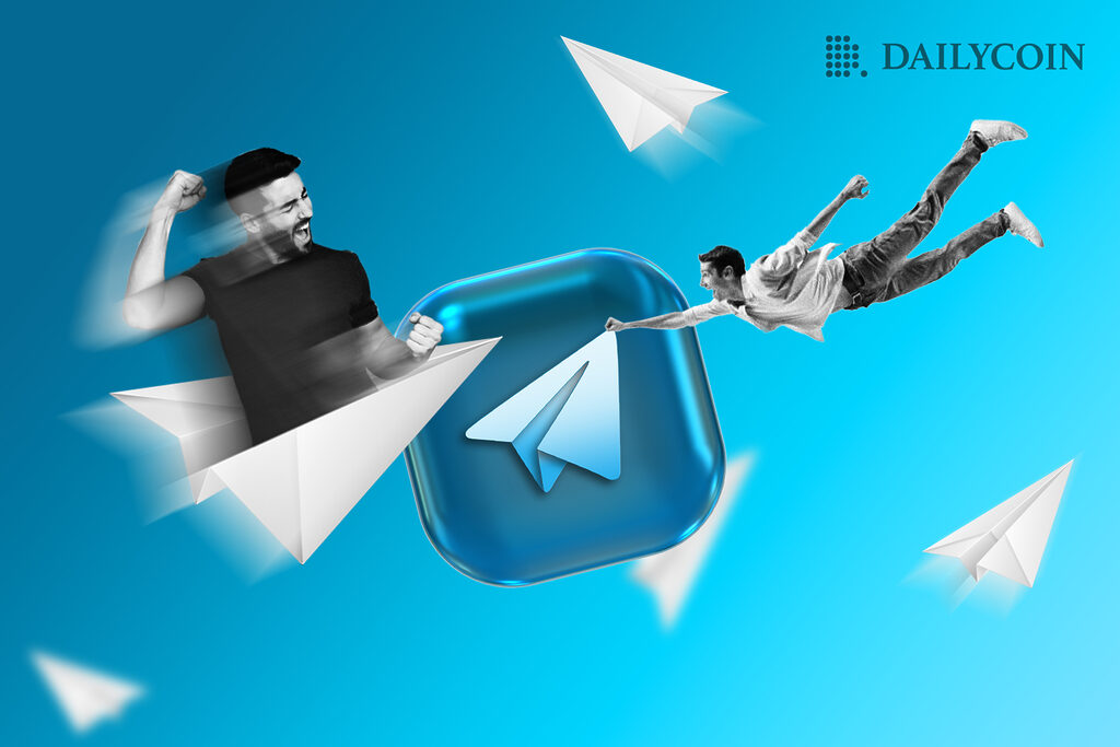 Paperplanes with humans inside flying towards Telegram logo