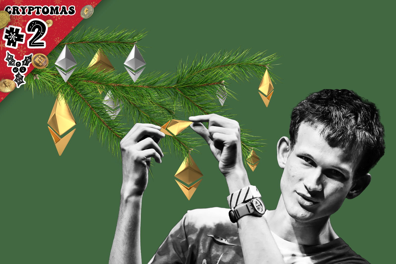 A Christmassy top corner denotes "Cryptomas #2". The central image depicts Vitalik Buterin decorating a tree with Ether