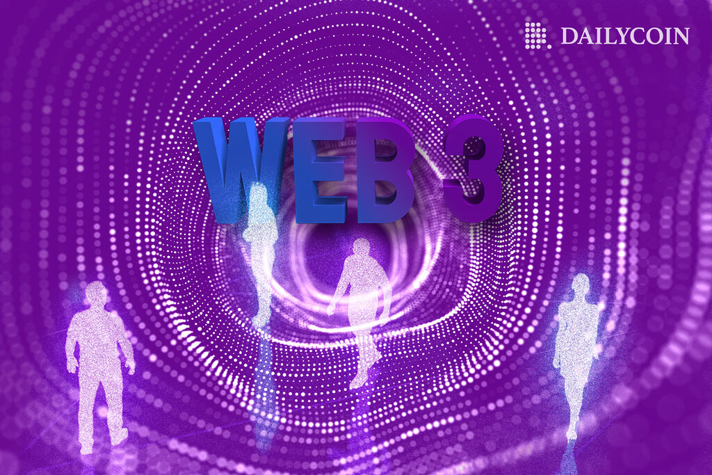 Web 3 written on purple background transparant glowing people