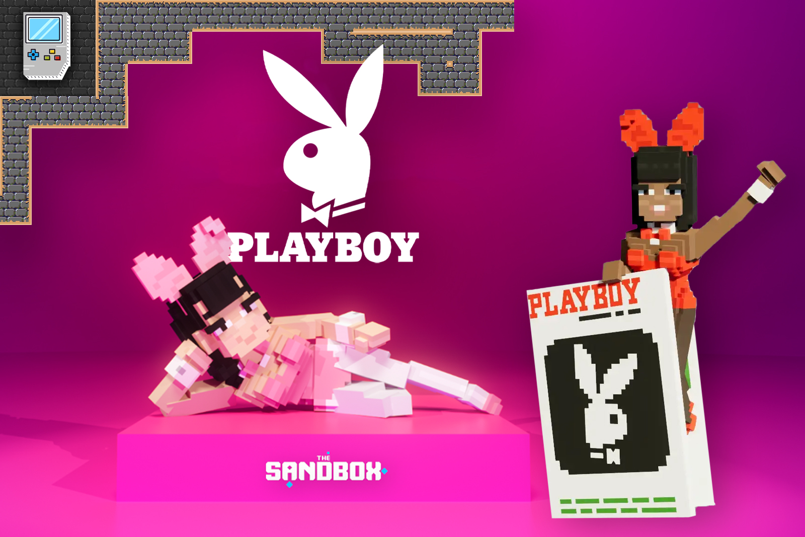 A playboy logo next to a cartoon girl with bunny air and pink clothes