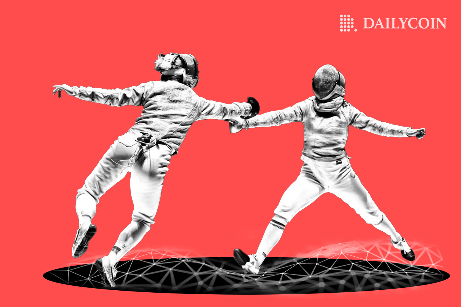 Two humans fencing on blockchain network