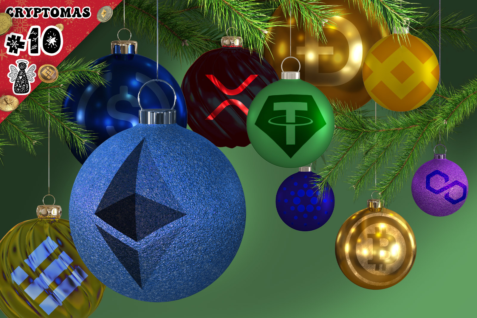 A Christmassy top corner denotes "Cryptomas #10". The central image shows christmass tree baubles with the logos of top cryptos.