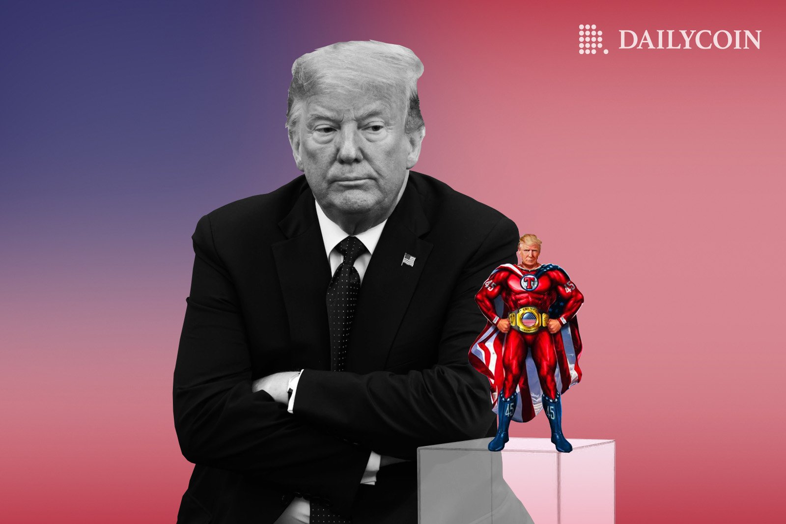 Donald Trump sitting next to a tiny superman figurine