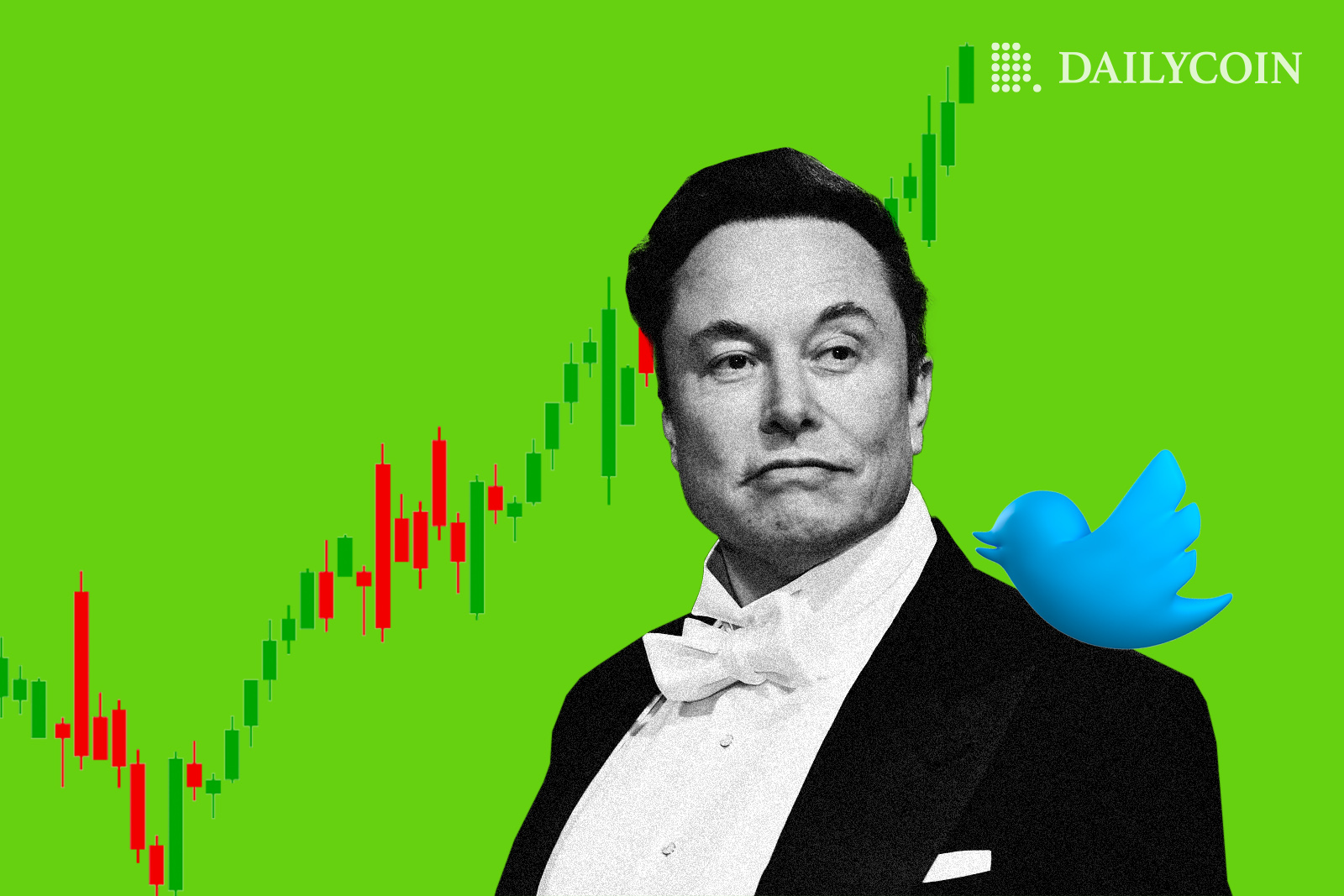 Elon Musk wearing a tuxedo with a blue Twitter logo bird on shoulder in front of a crypto chart