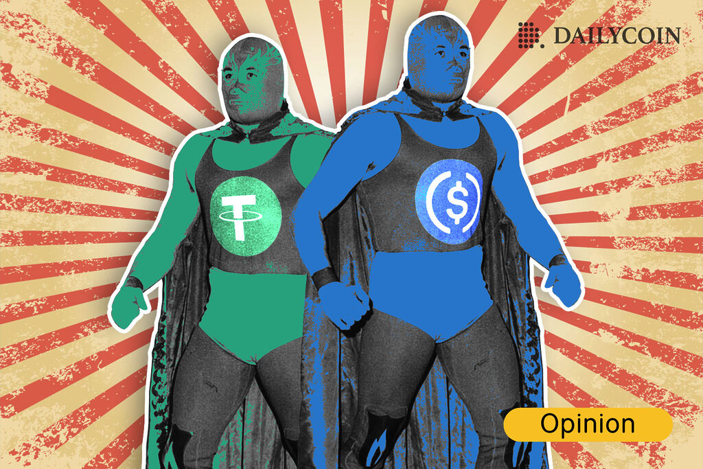 Two men wearing green and blue suits with USDT and USDC stablecoins logos